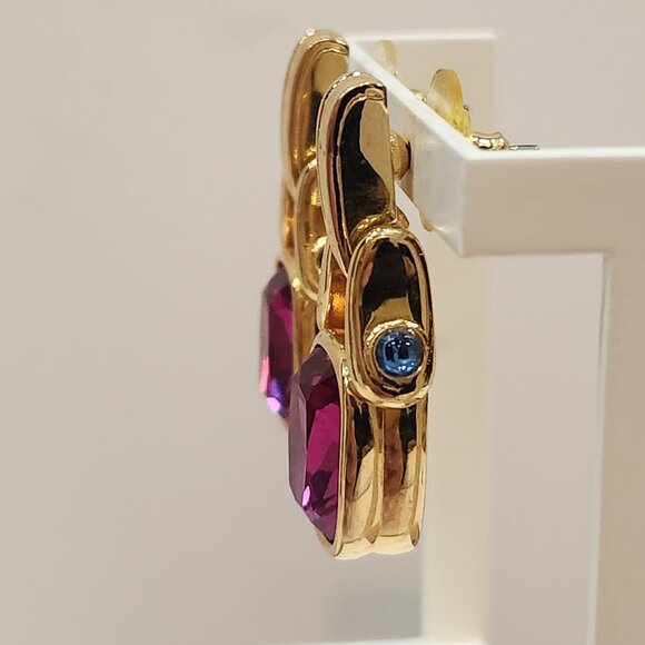Gorgeous Vintage 90s Swarovski Goldtone Fuchsia  & Blue Crystal Drop Earrings - Picture 4 of 8